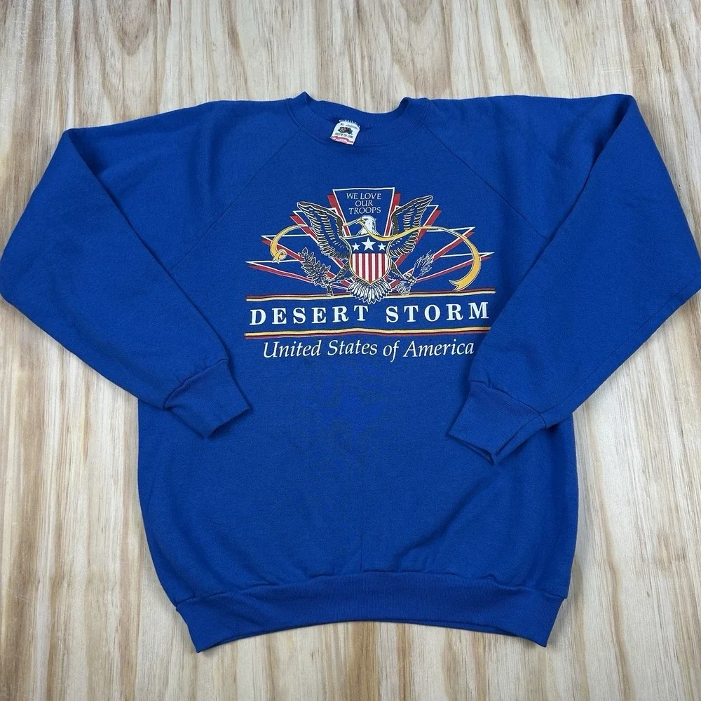 VTG Operation Desert Storm‎ Sweatshirt Mens FITS Large Blue Eagle Graphic Army
